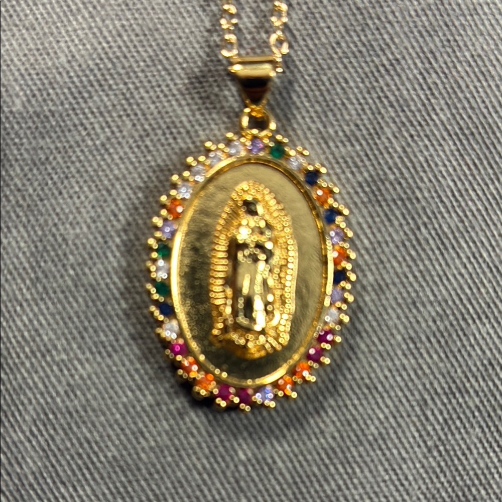 Gold Religious Pendant Necklace with Ornate Border
